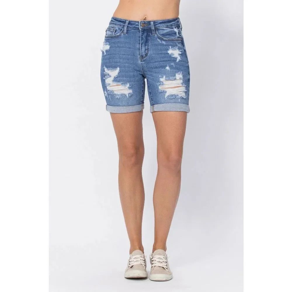 ✨Judy Blue Hi-Waist Mid-Length Distressed Sz Large Shorts✨